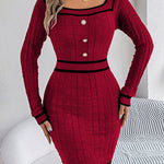 Bodycon Long Sleeves Buttoned Contrast Color Plaid Square-Neck Mini Dresses Sweater Dresses