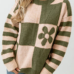 Checkered and Striped Knitted Pullover Sweater