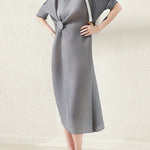 Stylish Irregularity Loose Pleated Solid Color Round-Neck Midi Dresses