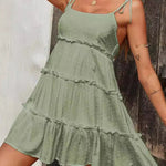 A-Line Loose Jacquard Layered Pleated Solid Color Split-Joint Spaghetti-Neck Mini Dresses