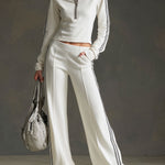 Sporty Retro Striped Webbing White Long-Sleeve Sweatshirt And Wide-Leg Pants Set