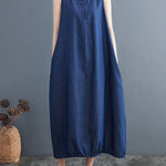 A-Line Loose Buttoned Pleated Solid Color Round-Neck Midi Dresses