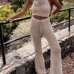 Olivian Knit Rose Applique Halter Tank and Elastic Waist Flare Pants Set