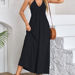 A-Line Loose Pleated Solid Color Split-Joint Deep V-Neck Maxi Dresses