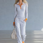 Fashionable Sporty Gray-blue Long-sleeved Half-zip Top And Trousers Set