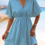 Batwing Sleeves Loose Elasticity See-Through Split-Joint V-Neck Mini Dresses