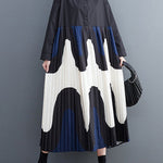 A-Line Long Sleeves Contrast Color Pleated Printing Split-Joint Polo Midi Dresses