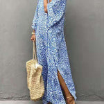 Batwing Sleeves Loose Leopard Split-Side Sun Protection V-Neck Cover-Ups Swimwear Maxi Dresses