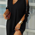 Solid color strapless V-neck beaded short-sleeved loose dress