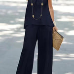Fashion casual halter neck solid color sleeveless wide-leg pants set