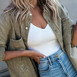 Stylish Lapel Long Sleeve Ripped Denim Jacket