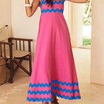 A-line High Waisted Contrast Color Zipper Square-neck Maxi Dresses Midi Dresses