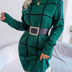 Elasticated Waist Long Sleeves Belted Contrast Color Plaid Round-Neck Mini Dresses Sweater Dresses