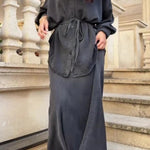 Long-sleeved Tie-Drawstring Shirt and Skirt Set