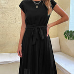 A-Line Loose Pleated Solid Color Tied Waist Round-Neck Midi Dresses