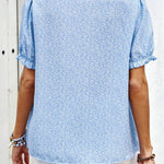 Sky Blue Floral Embroidered Notched V Neck Puff Sleeve Blouse