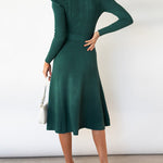 High Waisted Long Sleeves Solid Color Tied Waist Round-Neck Midi Dresses Sweater Dresses