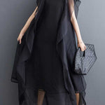 Loose Ruffle Sleeves Falbala Ruffled Solid Color Round-neck Midi Dresses