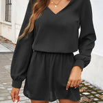 A-Line High Waisted Elasticity Pleated Solid Color V-Neck Mini Dresses