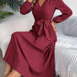 High Waisted Long Sleeves Belted Buttoned Pleated Solid Color V-Neck Maxi Dresses