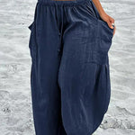 Elastic-waist Pleated Wide-leg Loose Cotton Linen Trousers