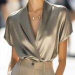 Loose Short Sleeves Solid Color V-Neck Blouses&Shirts Tops