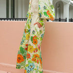Summer Party Floral Print Balloon Sleeve Pocketed Belt Shirt Midi Dress