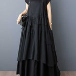 A-Line Loose Asymmetric Buttoned Pleated Spaghetti-Neck Maxi Dresses Suspender Dress