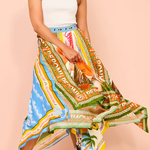 Summer Destination Satin Unique Print Elastic Waist Irregular Hem Maxi Skirt