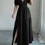 Half Sleeves High Waisted Pleated Solid Color Split-Front V-Neck Maxi Dresses