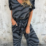Zebra Print V-neck Short-sleeved Lace-up Top and Elastic Waist Pocket Straight-leg Pants Set