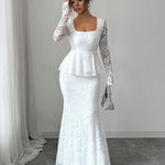 Bodycon Long Sleeves Flower Print Ruffled See-Through Solid Color Split-Joint Square-Neck Maxi Dresses