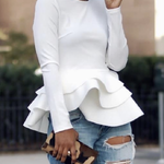 Elegant White Long Sleeve Peplum Top With Layered Ruffle Hem