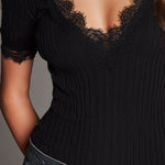 Retro Classic Knitted Slim-fit T-shirt With Lace Trim