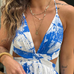 WHITE AND BLUE PRINTED MAXI DRESS WITH CUT OUTS