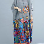 Batwing Sleeves Loose Printed Lapel Midi Dresses