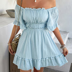 A-line High Waisted Elasticity Pleated Ruffle Trim Solid Color Square-neck Mini Dresses