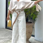 Joyful Bond Linen Blend V-neck Knotted Cuff Half Sleeve Loose Top