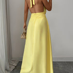 High Waisted Sleeveless Pleated Solid Color Tied Waist Halter-Neck Midi Dresses