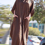 Batwing Sleeves Half Sleeves Buttoned Pockets Striped Round-Neck Beach Cover-Up Maxi Dresses