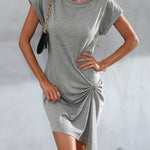 Casual Short Sleeves Pleated Round-Neck Gray Mini Dress
