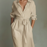 Women's Beige Linen Fabric Shirt Maxi Dress With Self-Tie Belt & Side Slit