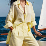 High Waisted Wide Leg Pleated Solid Color Split-Joint Shorts