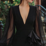 V-Neck Ruffled Dress With Sheer Sleeves