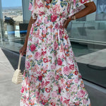 Sweet Vacation Floral V Neck Waist Skirt Dresses