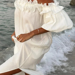 Linen Blend Off Shoulder Ruffle Puff Sleeve Pocketed Midi Dress