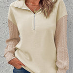 Beige Half Zip Textured Patchwork Sleeve Drop Shoulder Sweatshirt