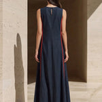 A-line Loose Contrast Color Pockets Split-Joint Round-neck Maxi Dresses