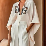 Batwing Sleeves High-Low Flower Print V-Neck Blouses&Shirts Tops