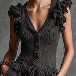 Vintage Elegant Charcoal Ruffle Knit Two-Piece Set